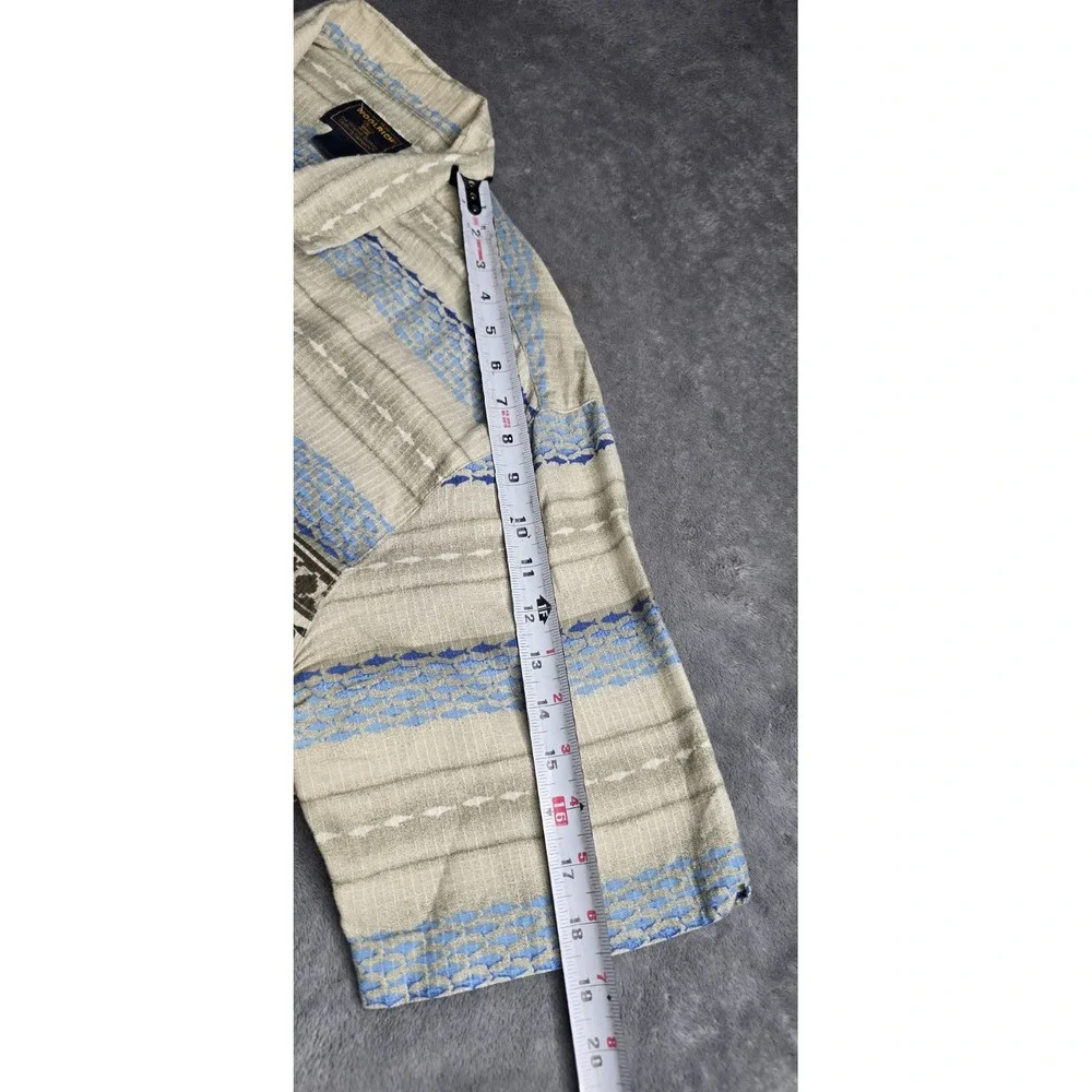 Woolrich Shirt Mens XL Beige Blue Fish Hooks Hawaiian Button Up Fish Stripes